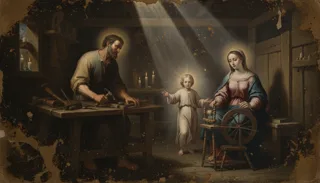 A carpenter at his workbench, the haloed Christ Child, and Mary seated at a spinning wheel in a dim workshop