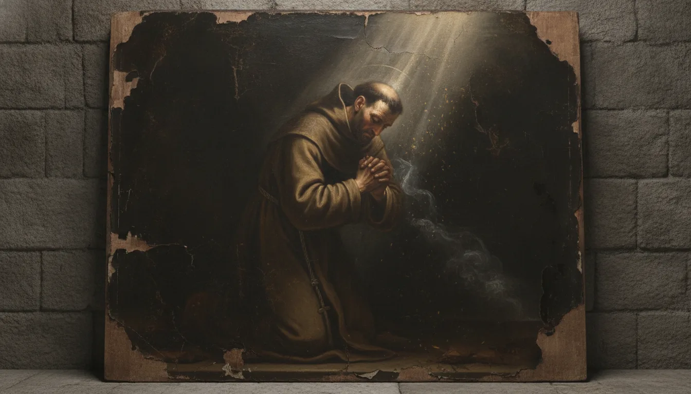A weary robed figure perseveres in prayer through spiritual darkness