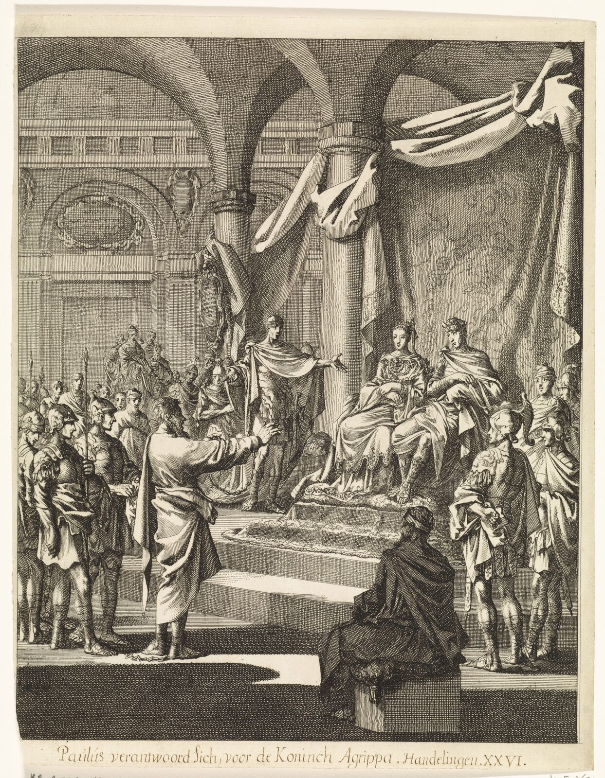 Saint Paul in chains before King Agrippa, an old engraving.