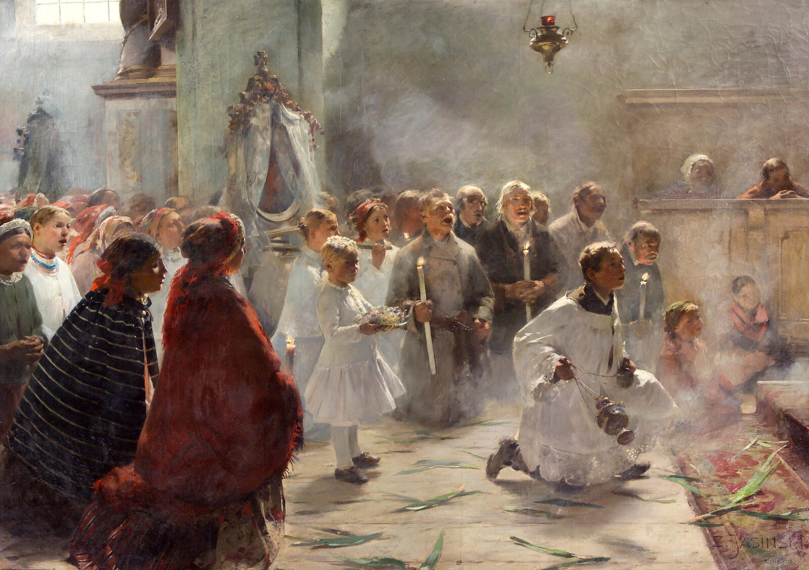 Young faithful carrying palms on Palm Sunday, a painting by Zdzisław Jasiński.